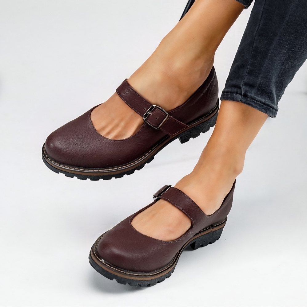 Handmade Burgundy Real Leather Mary Janes